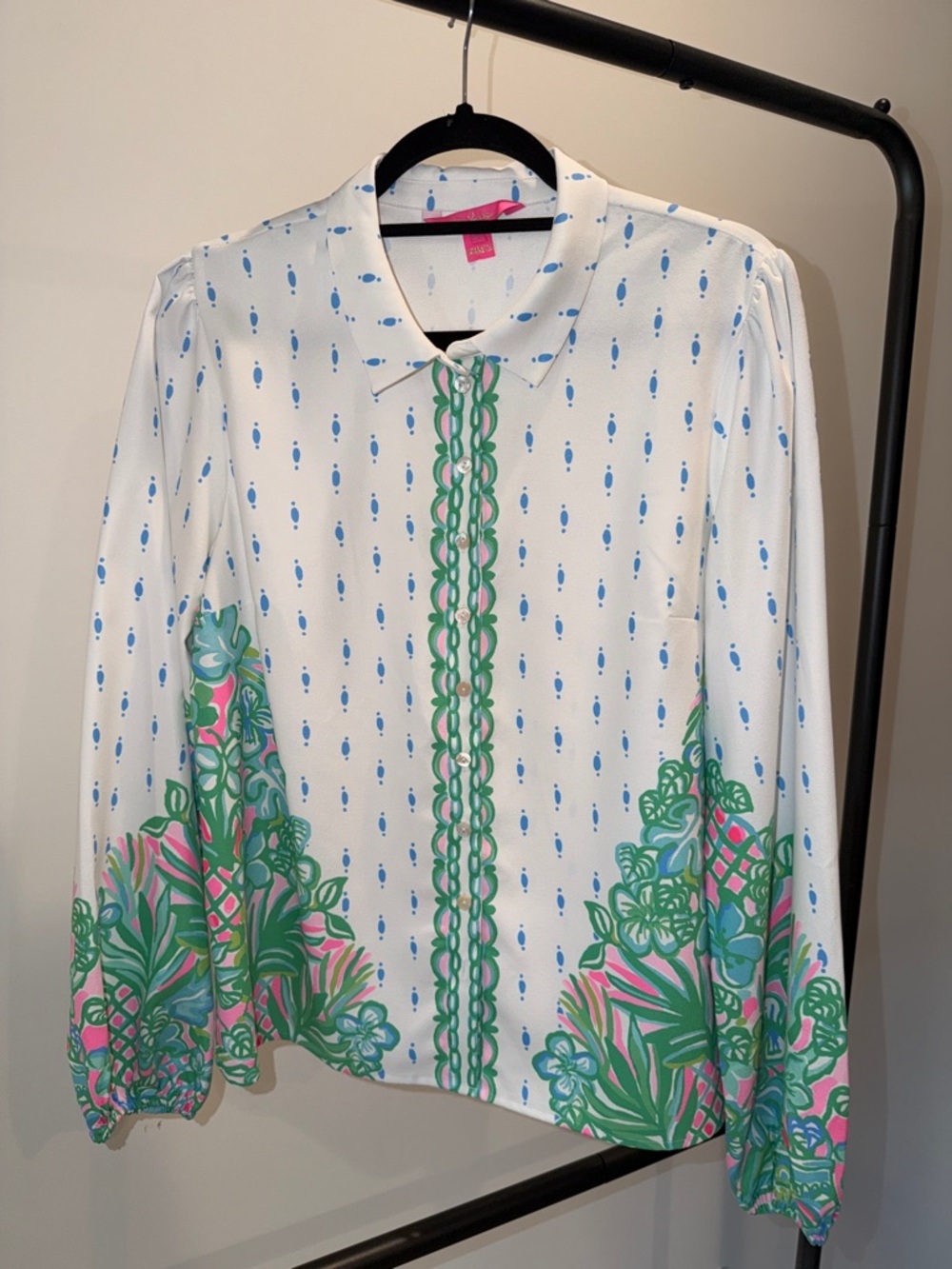 Lilly Pulitzer White Blouse with Green & Pink Botanical Border - Picture 2 of 13